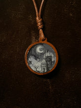 Load image into Gallery viewer, Dark Castle with Crescent Moon on Wooden Pendant
