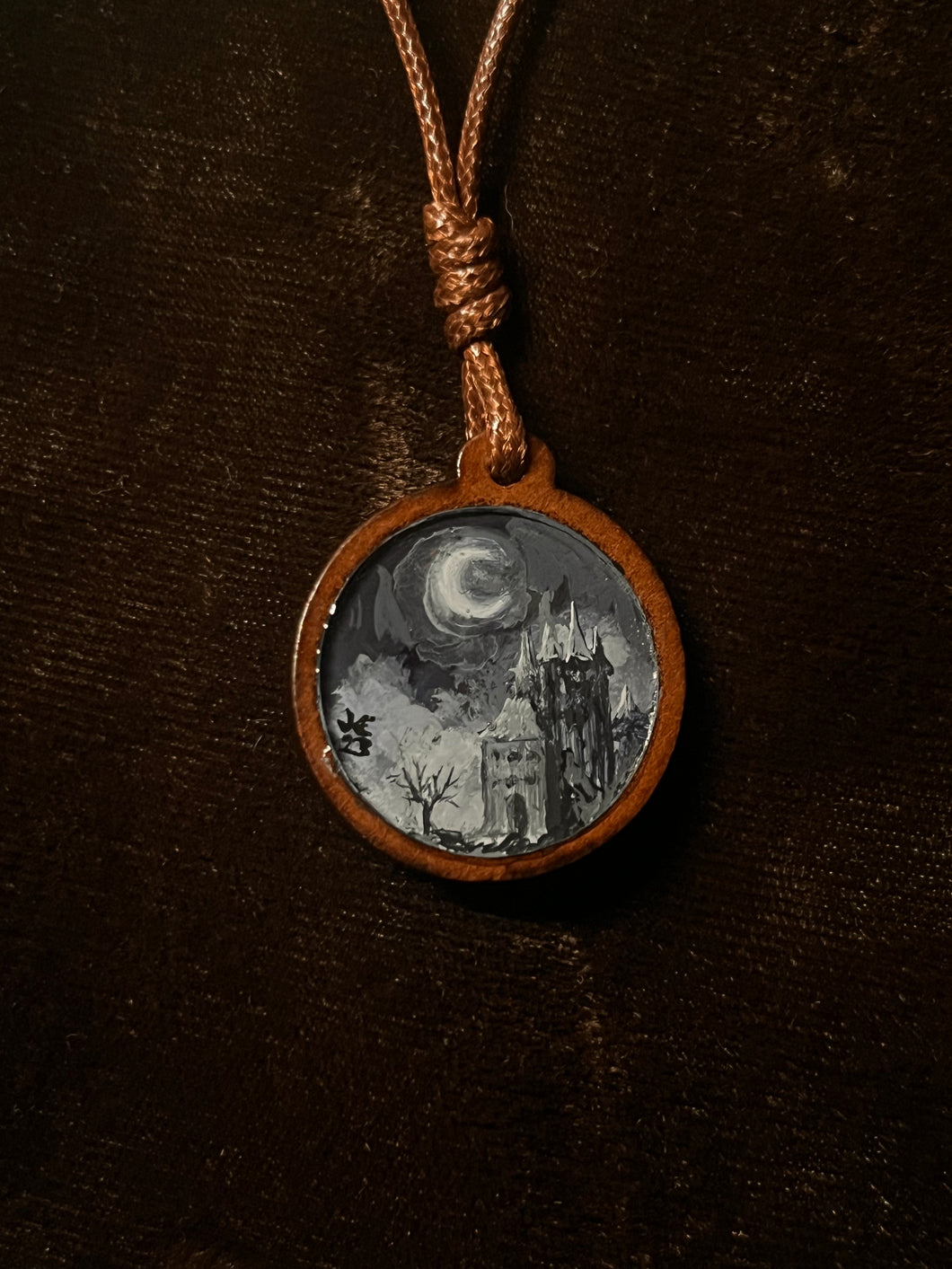 Dark Castle with Crescent Moon on Wooden Pendant
