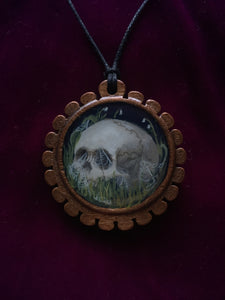 Wooden Death Garden Pendant - Cobwebs and Lily of the Valley