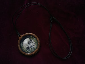 Wooden Death Garden Pendant - Skull with Black Widow