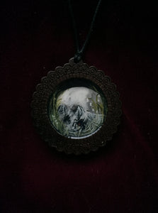 Wooden Death Garden Pendant - Skull with Black Widow
