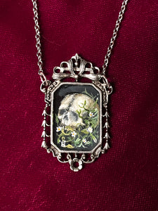 Skull and White  Flowers Victorian Pendant