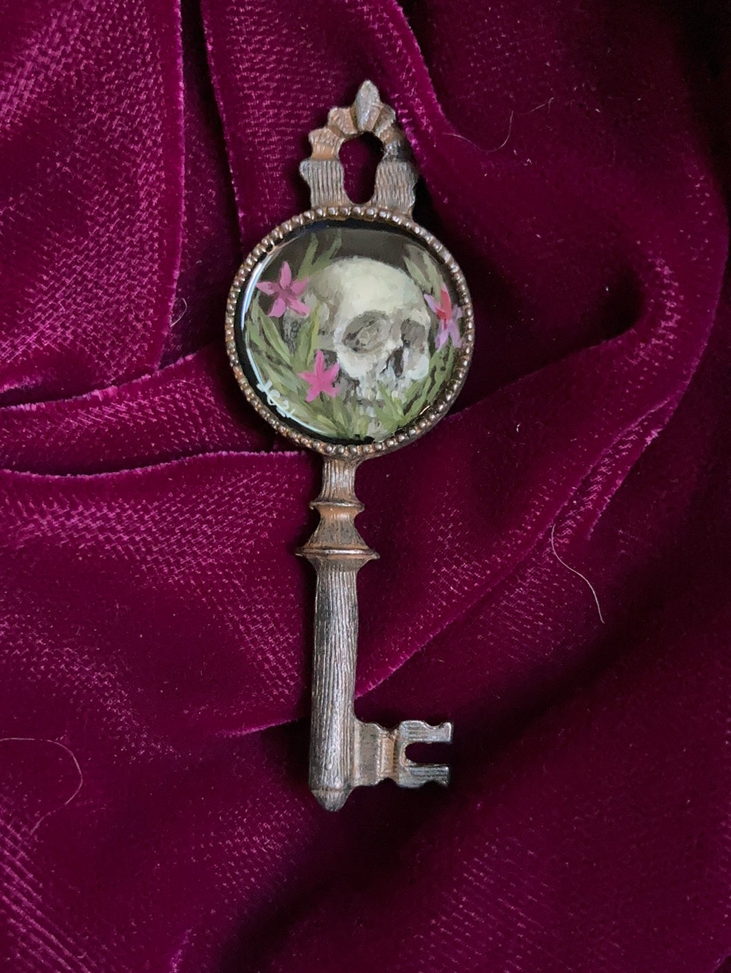 Key to the Death Garden Pendant with Pink Flowers