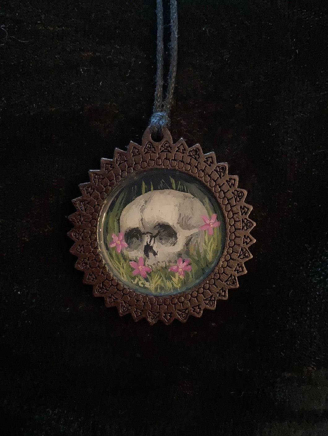 Wooden Death Garden Pendant - Skull with Flowers