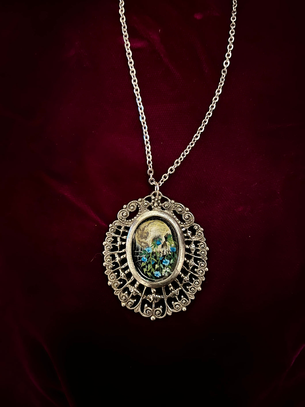 Skull and Blue Flowers in Victorian Pendant